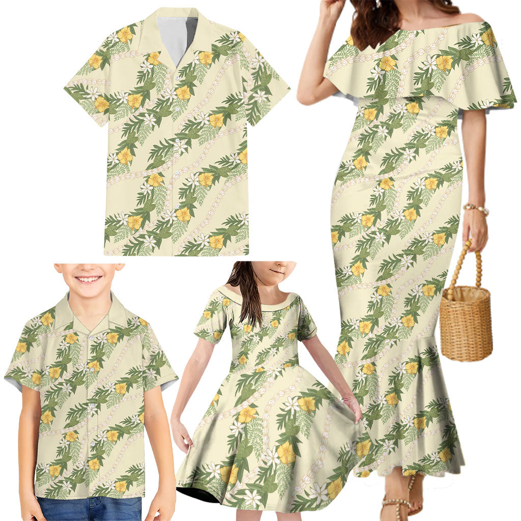 Hawaiian Pikake Maile Lei Family Matching Mermaid Dress and Hawaiian Shirt Tiare Hibiscus Kalo Palapalai Leaf Beige