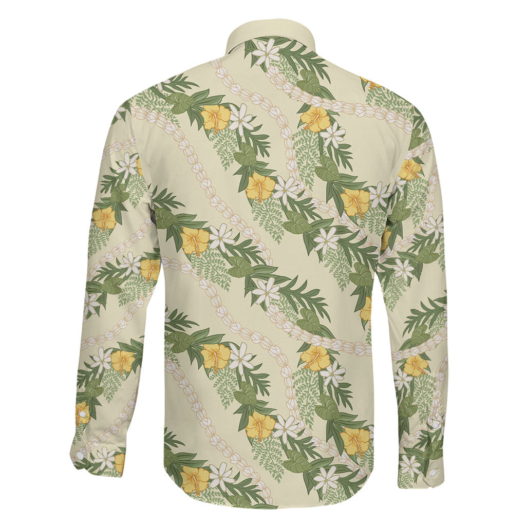 Hawaiian Pikake Maile Lei Family Matching Mermaid Dress and Hawaiian Shirt Tiare Hibiscus Kalo Palapalai Leaf Beige