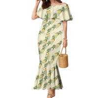Hawaiian Pikake Maile Lei Family Matching Mermaid Dress and Hawaiian Shirt Tiare Hibiscus Kalo Palapalai Leaf Beige