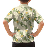 Hawaiian Pikake Maile Lei Family Matching Off The Shoulder Long Sleeve Dress and Hawaiian Shirt Tiare Hibiscus Kalo Palapalai Leaf Beige