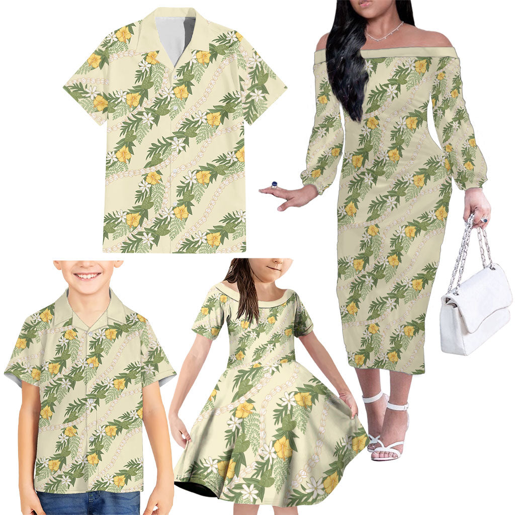 Hawaiian Pikake Maile Lei Family Matching Off The Shoulder Long Sleeve Dress and Hawaiian Shirt Tiare Hibiscus Kalo Palapalai Leaf Beige