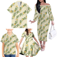 Hawaiian Pikake Maile Lei Family Matching Off The Shoulder Long Sleeve Dress and Hawaiian Shirt Tiare Hibiscus Kalo Palapalai Leaf Beige