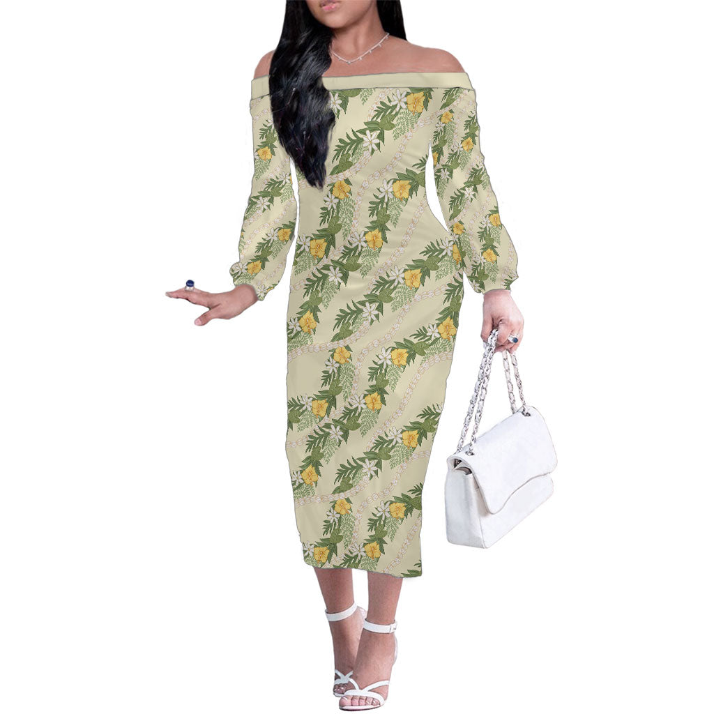 Hawaiian Pikake Maile Lei Family Matching Off The Shoulder Long Sleeve Dress and Hawaiian Shirt Tiare Hibiscus Kalo Palapalai Leaf Beige