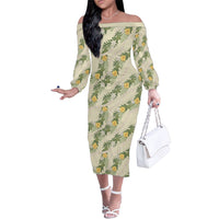 Hawaiian Pikake Maile Lei Family Matching Off The Shoulder Long Sleeve Dress and Hawaiian Shirt Tiare Hibiscus Kalo Palapalai Leaf Beige