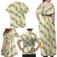 Hawaiian Pikake Maile Lei Family Matching Off Shoulder Maxi Dress and Hawaiian Shirt Tiare Hibiscus Kalo Palapalai Leaf Beige