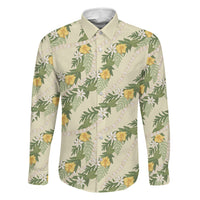 Hawaiian Pikake Maile Lei Family Matching Off Shoulder Maxi Dress and Hawaiian Shirt Tiare Hibiscus Kalo Palapalai Leaf Beige