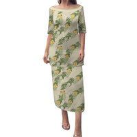 Hawaiian Pikake Maile Lei Family Matching Puletasi and Hawaiian Shirt Tiare Hibiscus Kalo Palapalai Leaf Beige