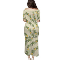 Hawaiian Pikake Maile Lei Family Matching Puletasi and Hawaiian Shirt Tiare Hibiscus Kalo Palapalai Leaf Beige
