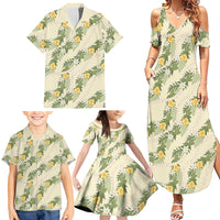 Hawaiian Pikake Maile Lei Family Matching Summer Maxi Dress and Hawaiian Shirt Tiare Hibiscus Kalo Palapalai Leaf Beige