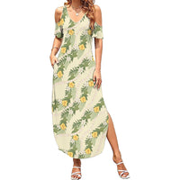 Hawaiian Pikake Maile Lei Family Matching Summer Maxi Dress and Hawaiian Shirt Tiare Hibiscus Kalo Palapalai Leaf Beige