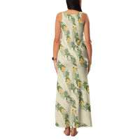 Hawaiian Pikake Maile Lei Family Matching Tank Maxi Dress and Hawaiian Shirt Tiare Hibiscus Kalo Palapalai Leaf Beige