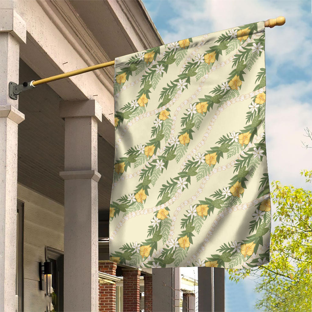 Hawaiian Pikake Maile Lei Garden Flag Tiare Hibiscus Kalo Palapalai Leaf Beige LT19 House Flag Beige - Polynesian Pride