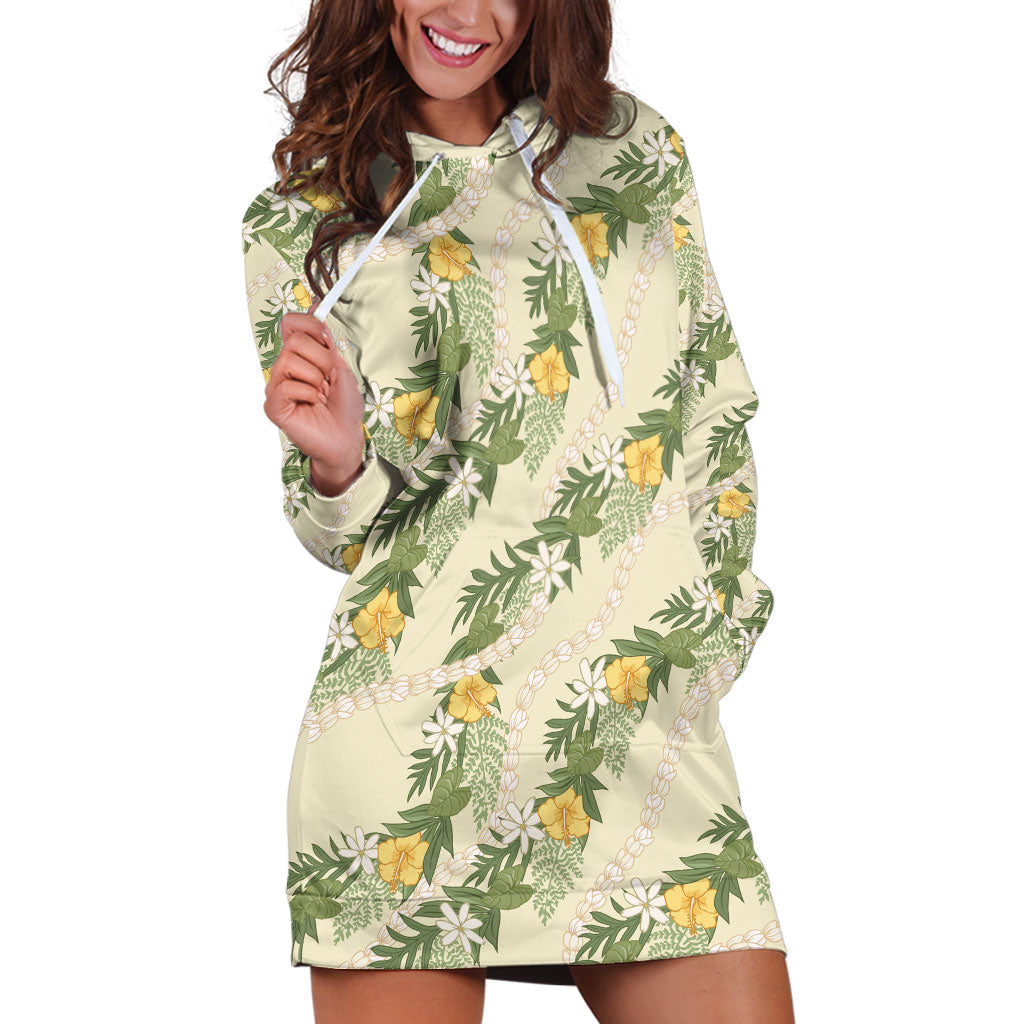Hawaiian Pikake Maile Lei Hoodie Dress Tiare Hibiscus Kalo Palapalai Leaf Beige LT19 Beige - Polynesian Pride