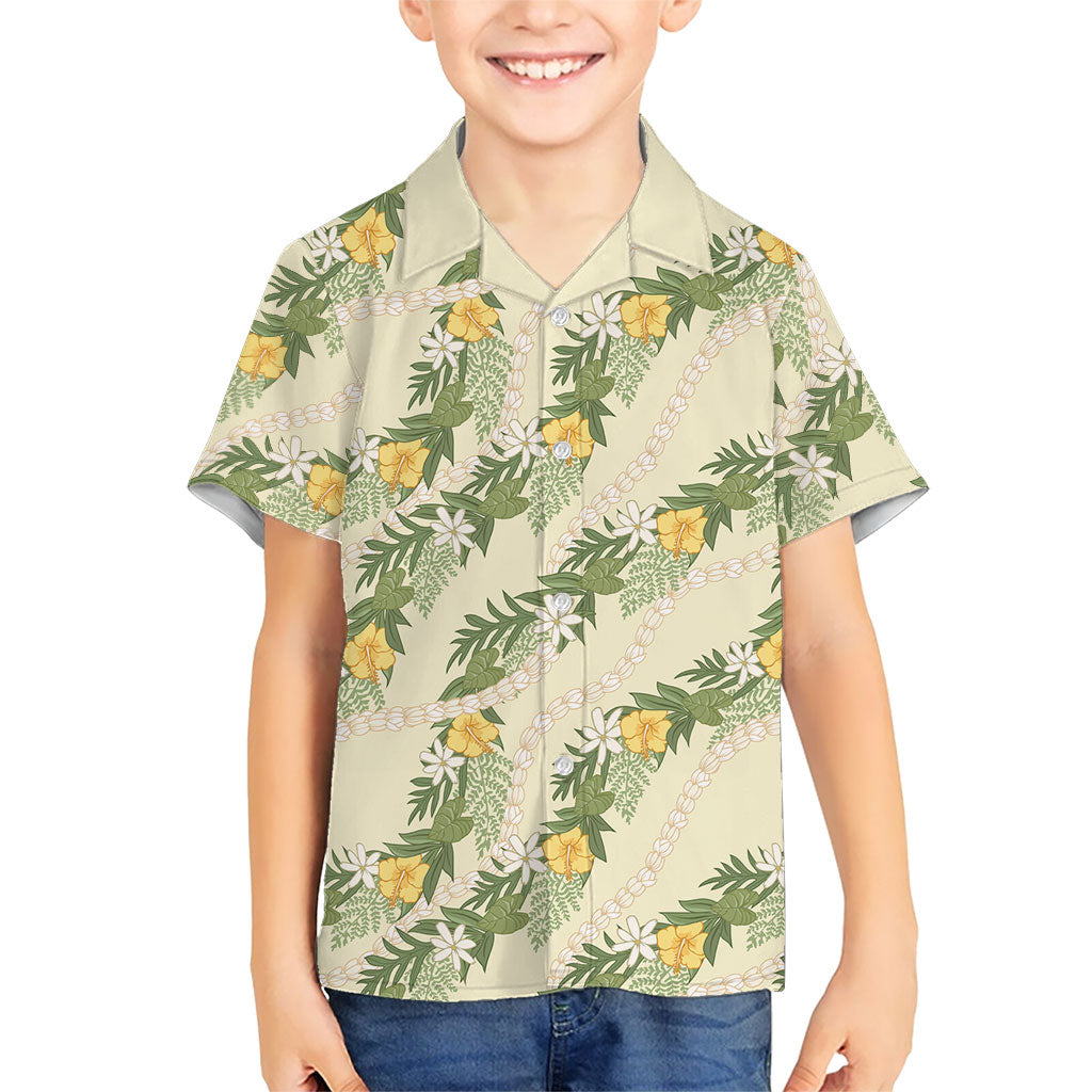 Hawaiian Pikake Maile Lei Kid Hawaiian Shirt Tiare Hibiscus Kalo Palapalai Leaf Beige