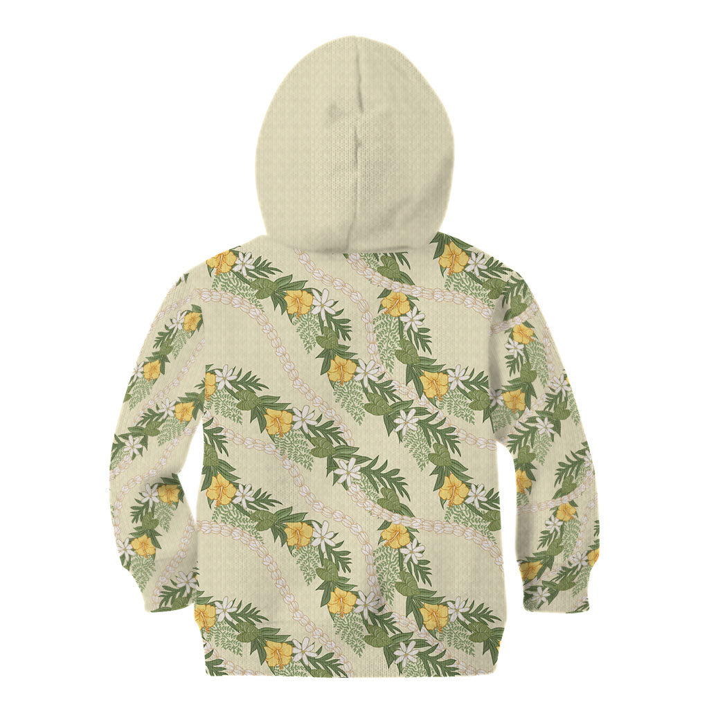 Hawaiian Pikake Maile Lei Kid Hoodie Tiare Hibiscus Kalo Palapalai Leaf Beige