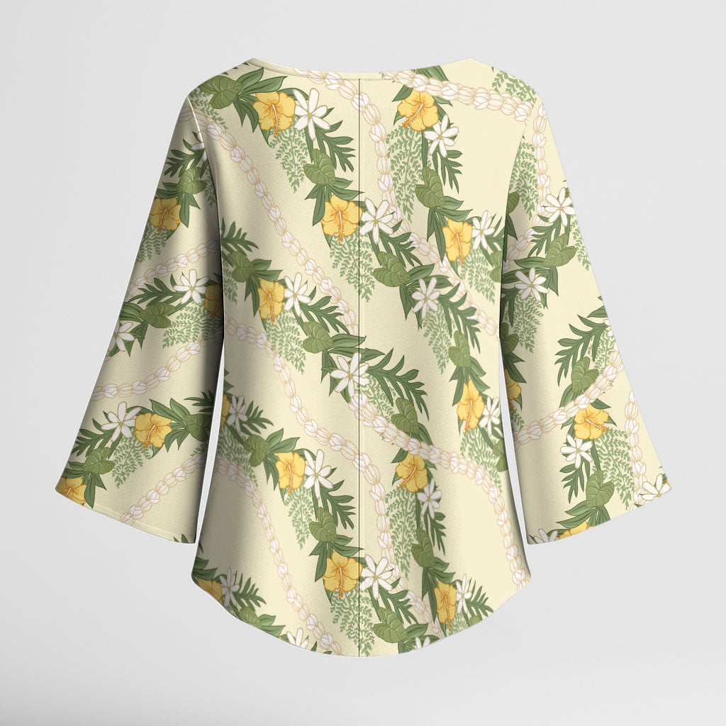 Hawaiian Pikake Maile Lei Kimono Sleeve Blouse Tiare Hibiscus Kalo Palapalai Leaf Beige