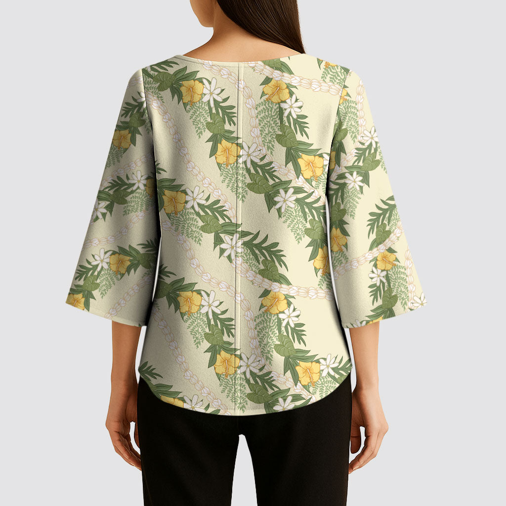 Hawaiian Pikake Maile Lei Kimono Sleeve Blouse Tiare Hibiscus Kalo Palapalai Leaf Beige