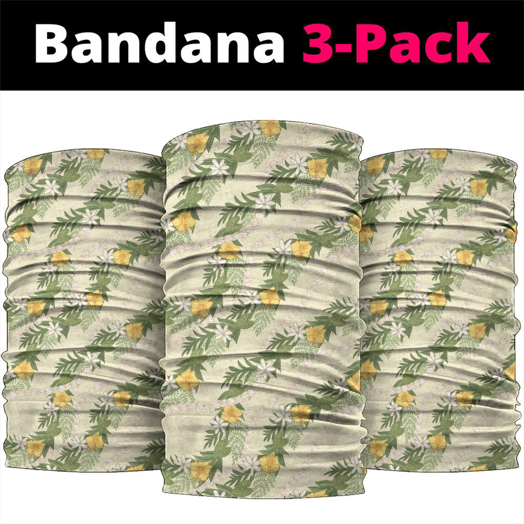 Hawaiian Pikake Maile Lei Neck Gaiter Tiare Hibiscus Kalo Palapalai Leaf Beige
