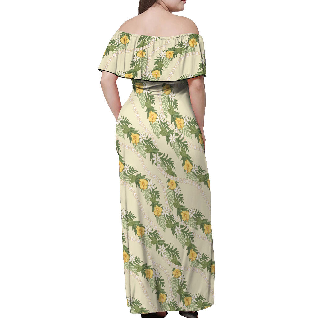 Hawaiian Pikake Maile Lei Off Shoulder Maxi Dress Tiare Hibiscus Kalo Palapalai Leaf Beige