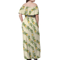 Hawaiian Pikake Maile Lei Off Shoulder Maxi Dress Tiare Hibiscus Kalo Palapalai Leaf Beige