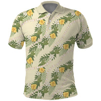 Hawaiian Pikake Maile Lei Polo Shirt Tiare Hibiscus Kalo Palapalai Leaf Beige