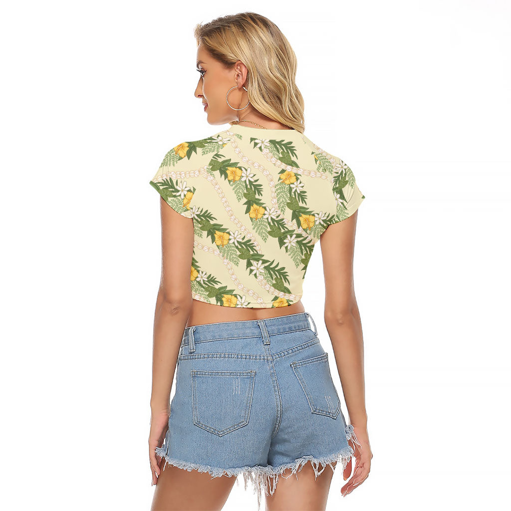 Hawaiian Pikake Maile Lei Raglan Cropped T Shirt Tiare Hibiscus Kalo Palapalai Leaf Beige