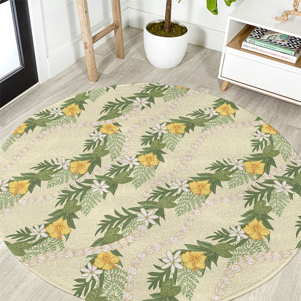 Hawaiian Pikake Maile Lei Round Carpet Tiare Hibiscus Kalo Palapalai Leaf Beige LT19 Beige - Polynesian Pride