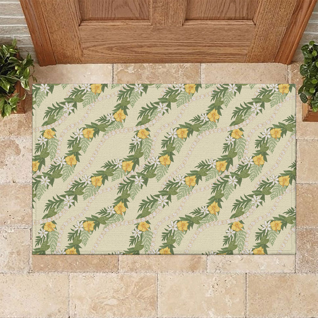 Hawaiian Pikake Maile Lei Rubber Doormat Tiare Hibiscus Kalo Palapalai Leaf Beige LT19 Beige - Polynesian Pride