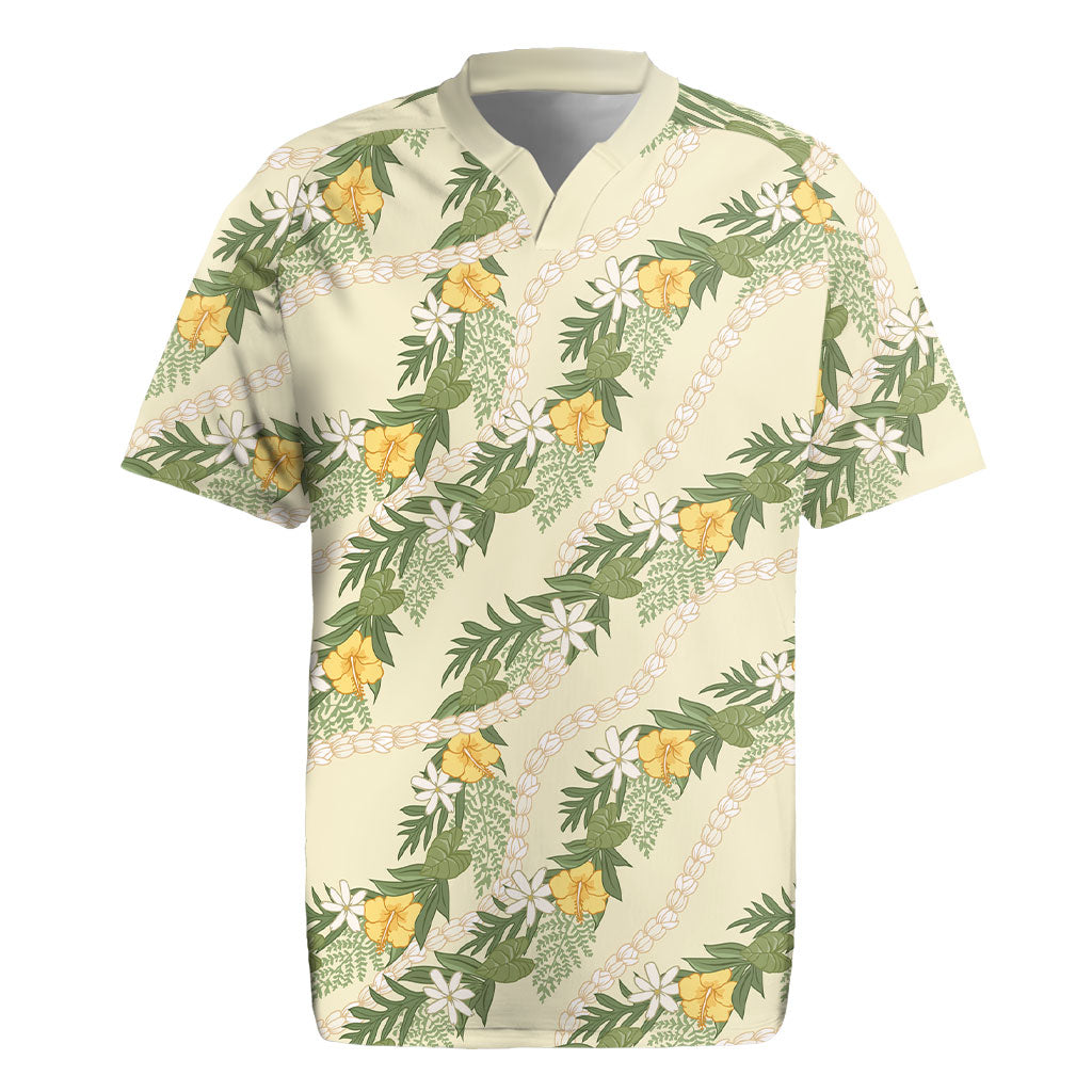 Hawaiian Pikake Maile Lei Rugby Jersey Tiare Hibiscus Kalo Palapalai Leaf Beige LT19 Beige - Polynesian Pride