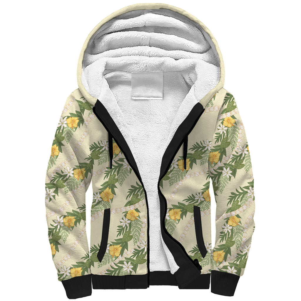 Hawaiian Pikake Maile Lei Sherpa Hoodie Tiare Hibiscus Kalo Palapalai Leaf Beige