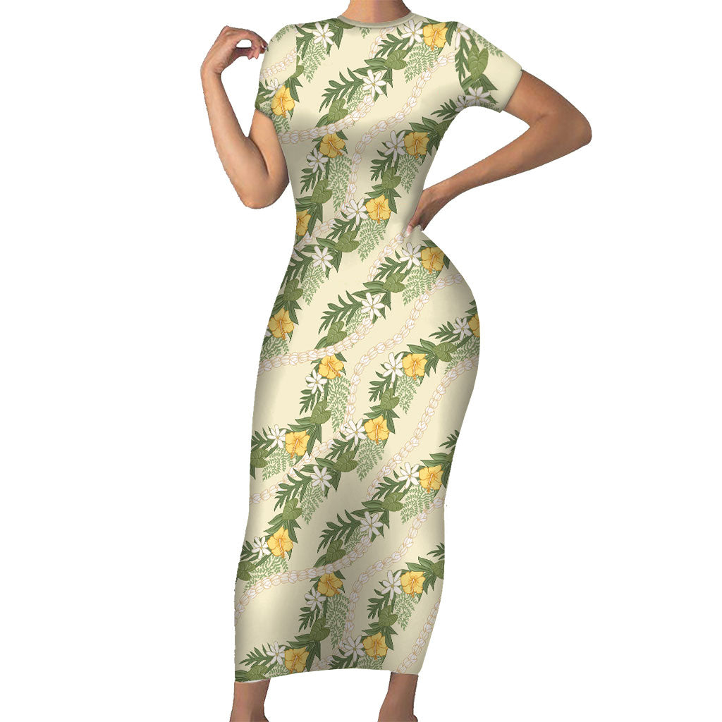 Hawaiian Pikake Maile Lei Short Sleeve Bodycon Dress Tiare Hibiscus Kalo Palapalai Leaf Beige