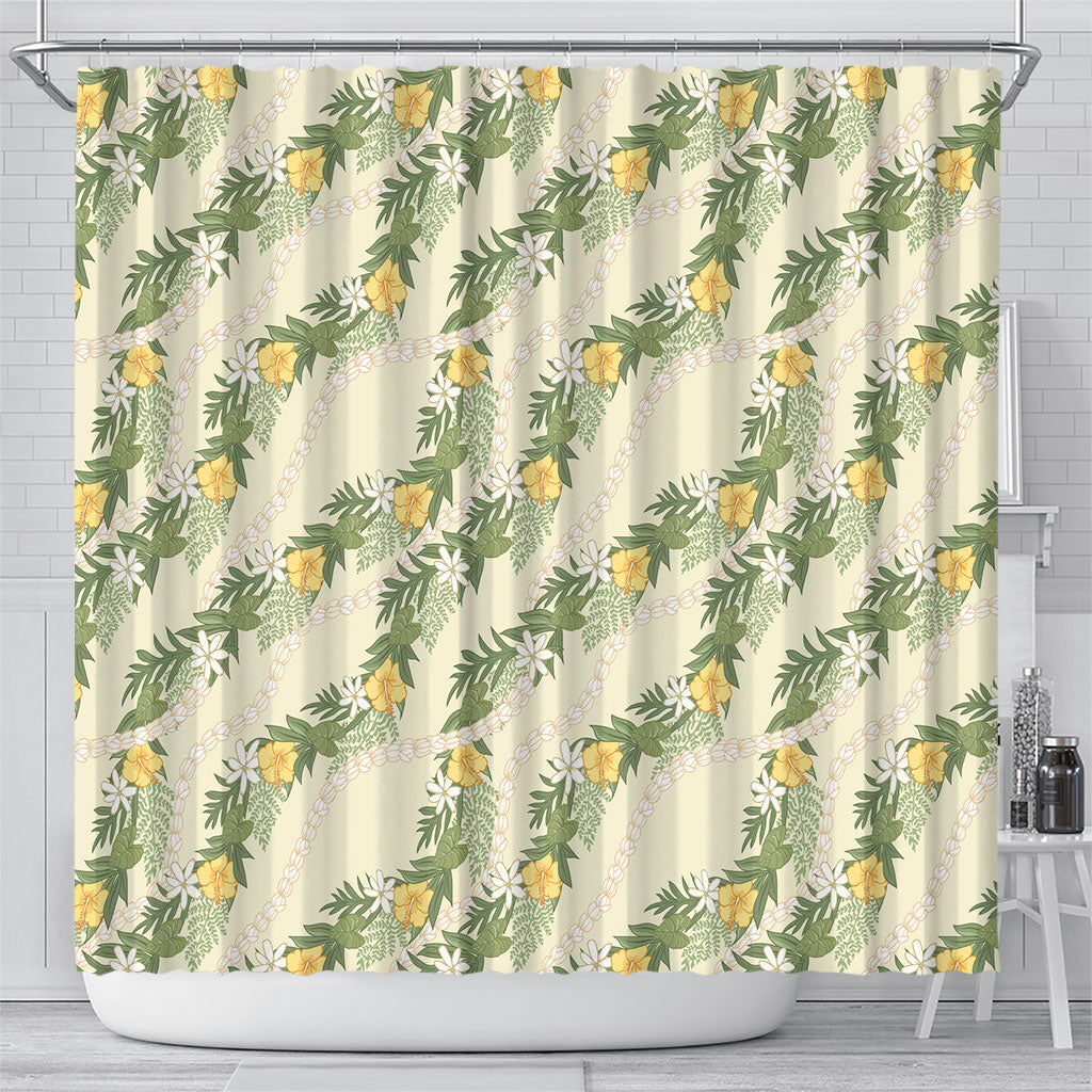 Hawaiian Pikake Maile Lei Shower Curtain Tiare Hibiscus Kalo Palapalai Leaf Beige