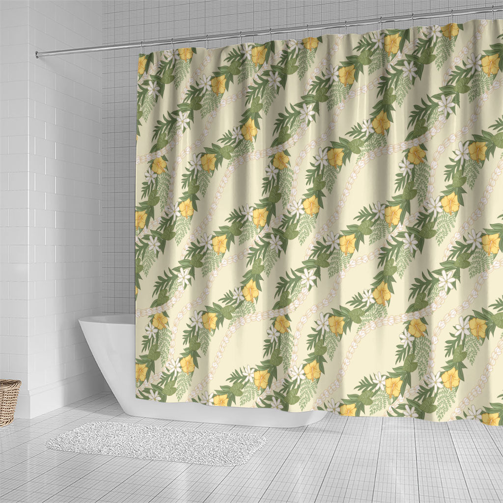 Hawaiian Pikake Maile Lei Shower Curtain Tiare Hibiscus Kalo Palapalai Leaf Beige