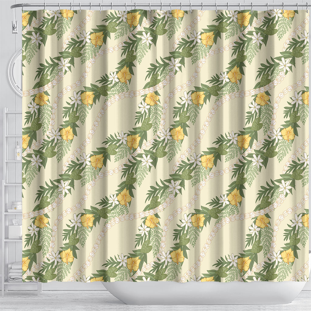 Hawaiian Pikake Maile Lei Shower Curtain Tiare Hibiscus Kalo Palapalai Leaf Beige