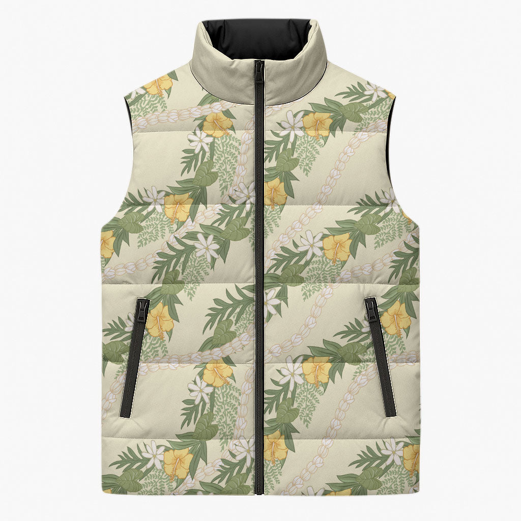Hawaiian Pikake Maile Lei Sleeveless Puffer Jacket Tiare Hibiscus Kalo Palapalai Leaf Beige LT19 Unisex Beige - Polynesian Pride