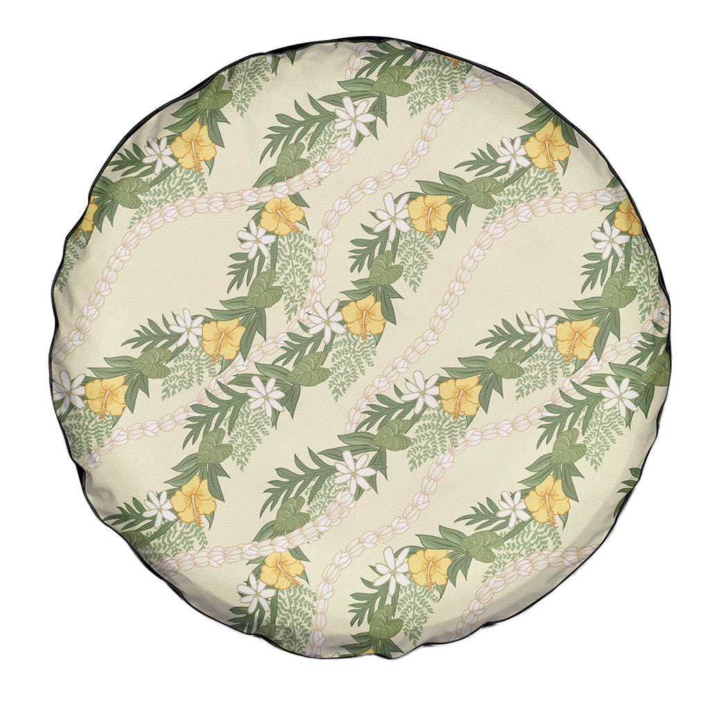 Hawaiian Pikake Maile Lei Spare Tire Cover Tiare Hibiscus Kalo Palapalai Leaf Beige