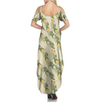 Hawaiian Pikake Maile Lei Summer Maxi Dress Tiare Hibiscus Kalo Palapalai Leaf Beige