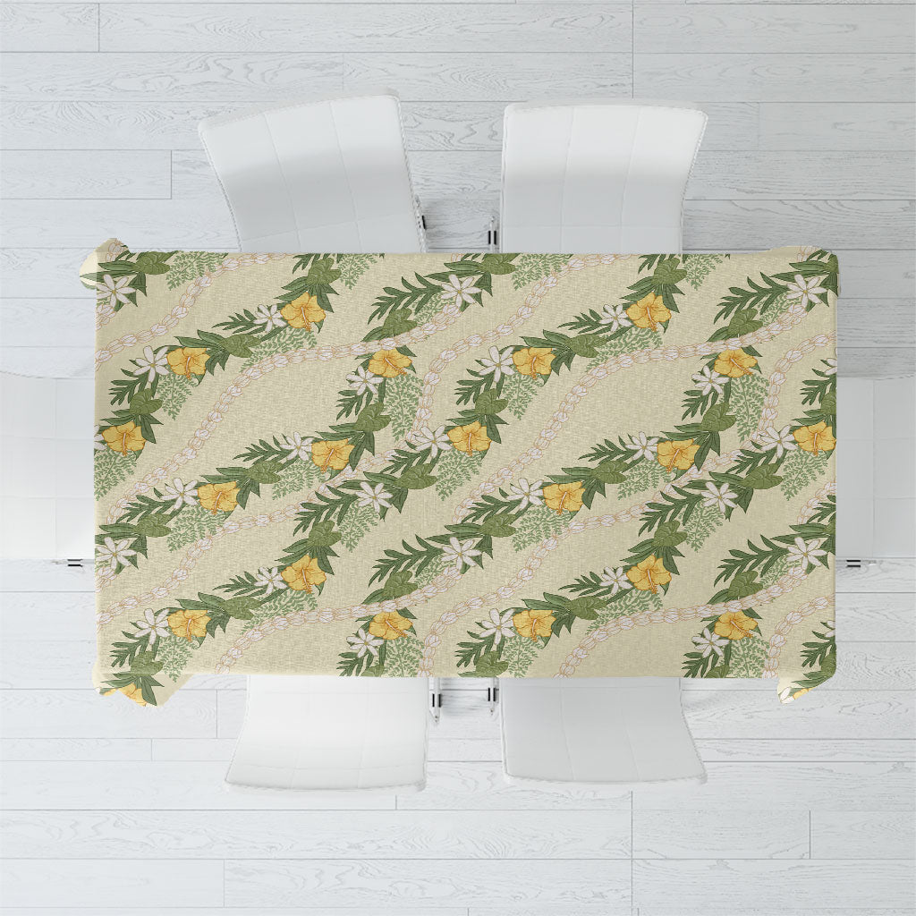 Hawaiian Pikake Maile Lei Tablecloth Tiare Hibiscus Kalo Palapalai Leaf Beige LT19 Beige - Polynesian Pride
