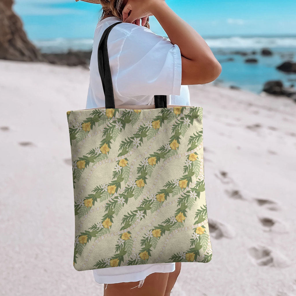 Hawaiian Pikake Maile Lei Tote Bag Tiare Hibiscus Kalo Palapalai Leaf Beige