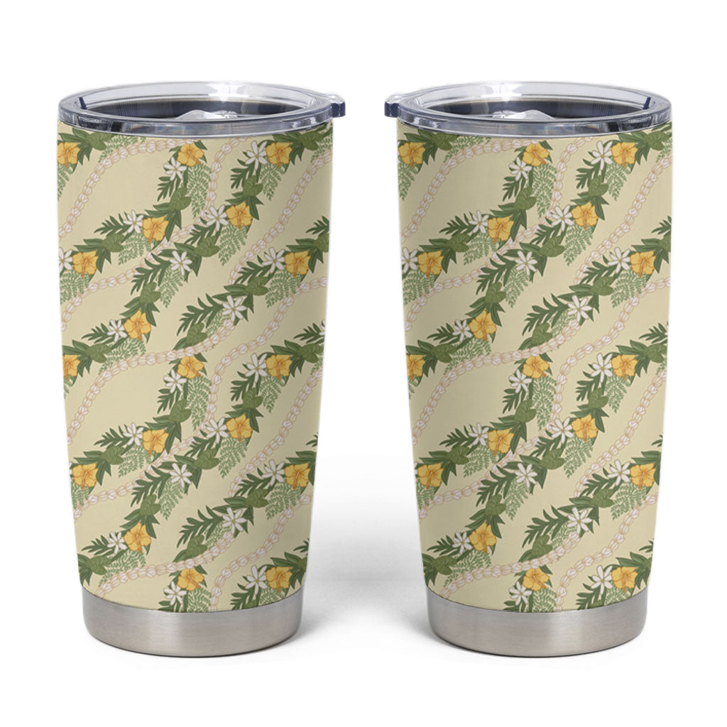Hawaiian Pikake Maile Lei Tumbler Cup Tiare Hibiscus Kalo Palapalai Leaf Beige LT19 Beige - Polynesian Pride