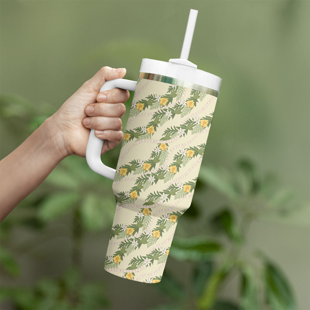 Hawaiian Pikake Maile Lei Tumbler With Handle Tiare Hibiscus Kalo Palapalai Leaf Beige