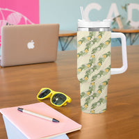 Hawaiian Pikake Maile Lei Tumbler With Handle Tiare Hibiscus Kalo Palapalai Leaf Beige