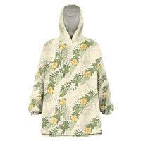 Hawaiian Pikake Maile Lei Wearable Blanket Hoodie Tiare Hibiscus Kalo Palapalai Leaf Beige