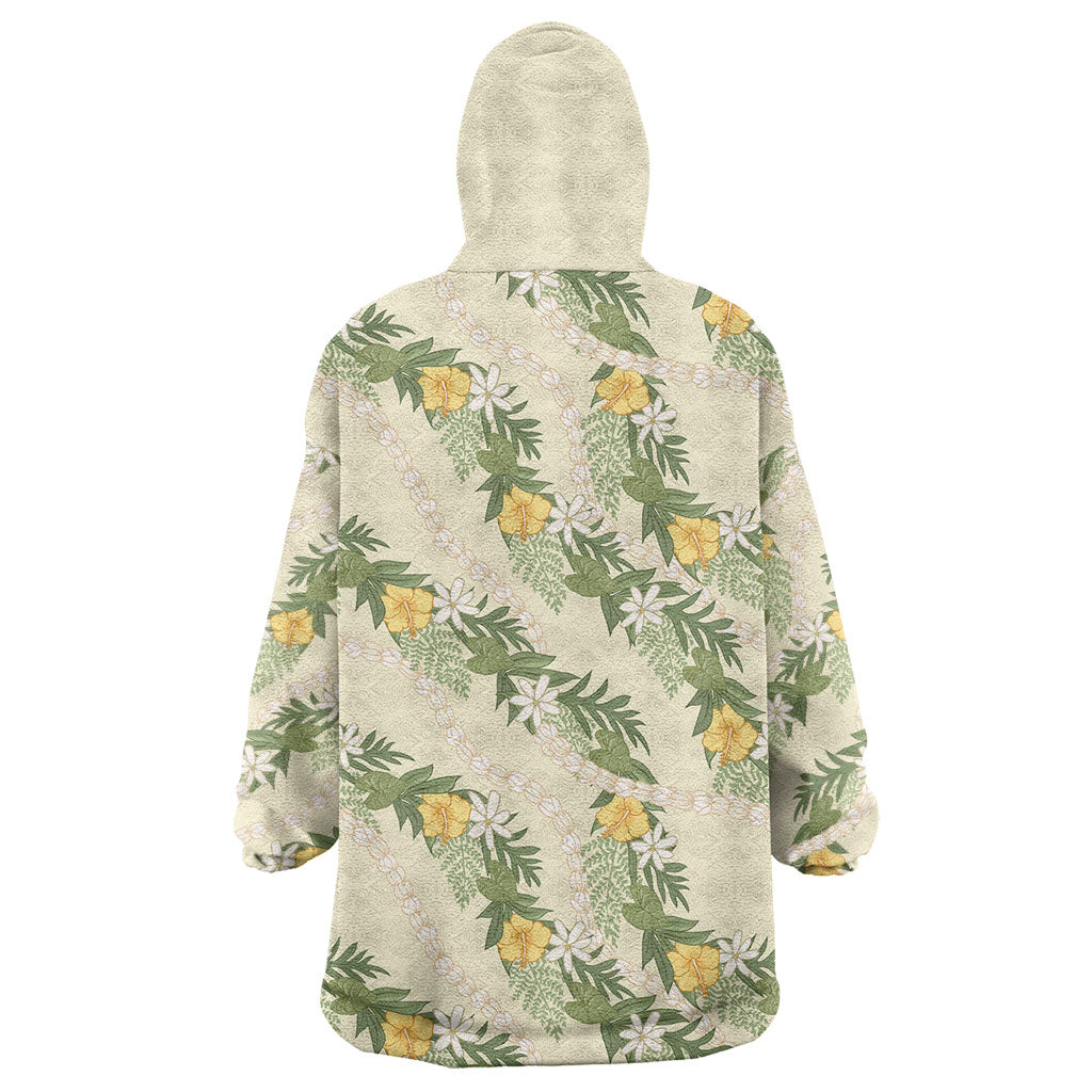 Hawaiian Pikake Maile Lei Wearable Blanket Hoodie Tiare Hibiscus Kalo Palapalai Leaf Beige