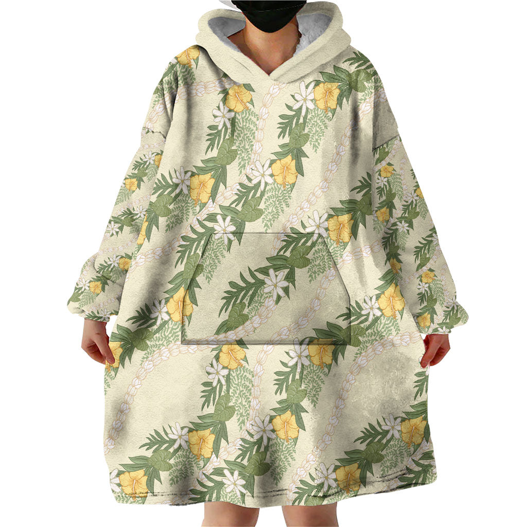 Hawaiian Pikake Maile Lei Wearable Blanket Hoodie Tiare Hibiscus Kalo Palapalai Leaf Beige