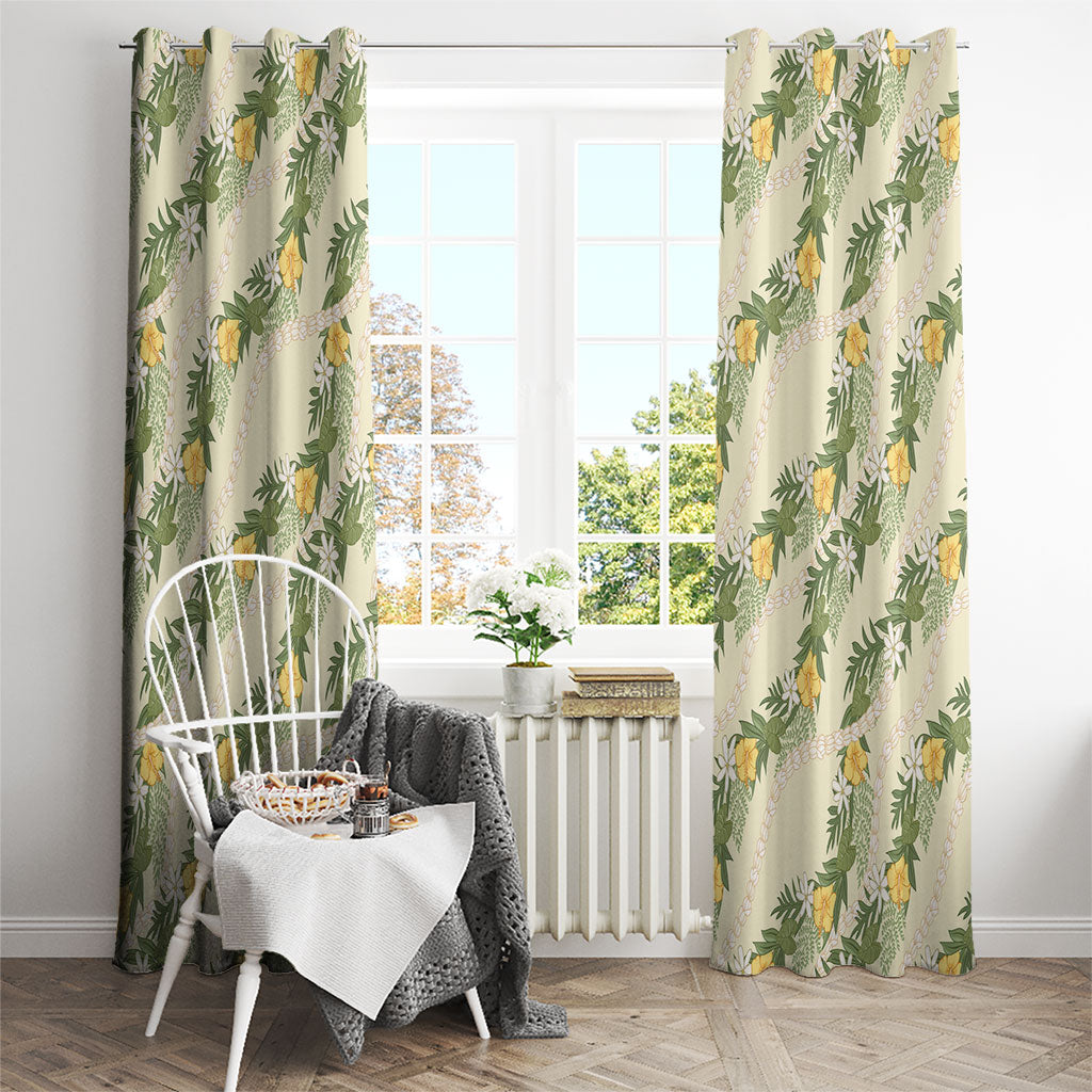 Hawaiian Pikake Maile Lei Window Curtain Tiare Hibiscus Kalo Palapalai Leaf Beige LT19 - Polynesian Pride
