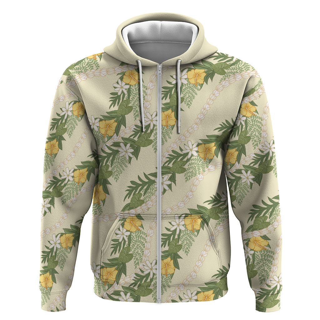 Hawaiian Pikake Maile Lei Zip Hoodie Tiare Hibiscus Kalo Palapalai Leaf Beige LT19 Zip Hoodie Beige - Polynesian Pride