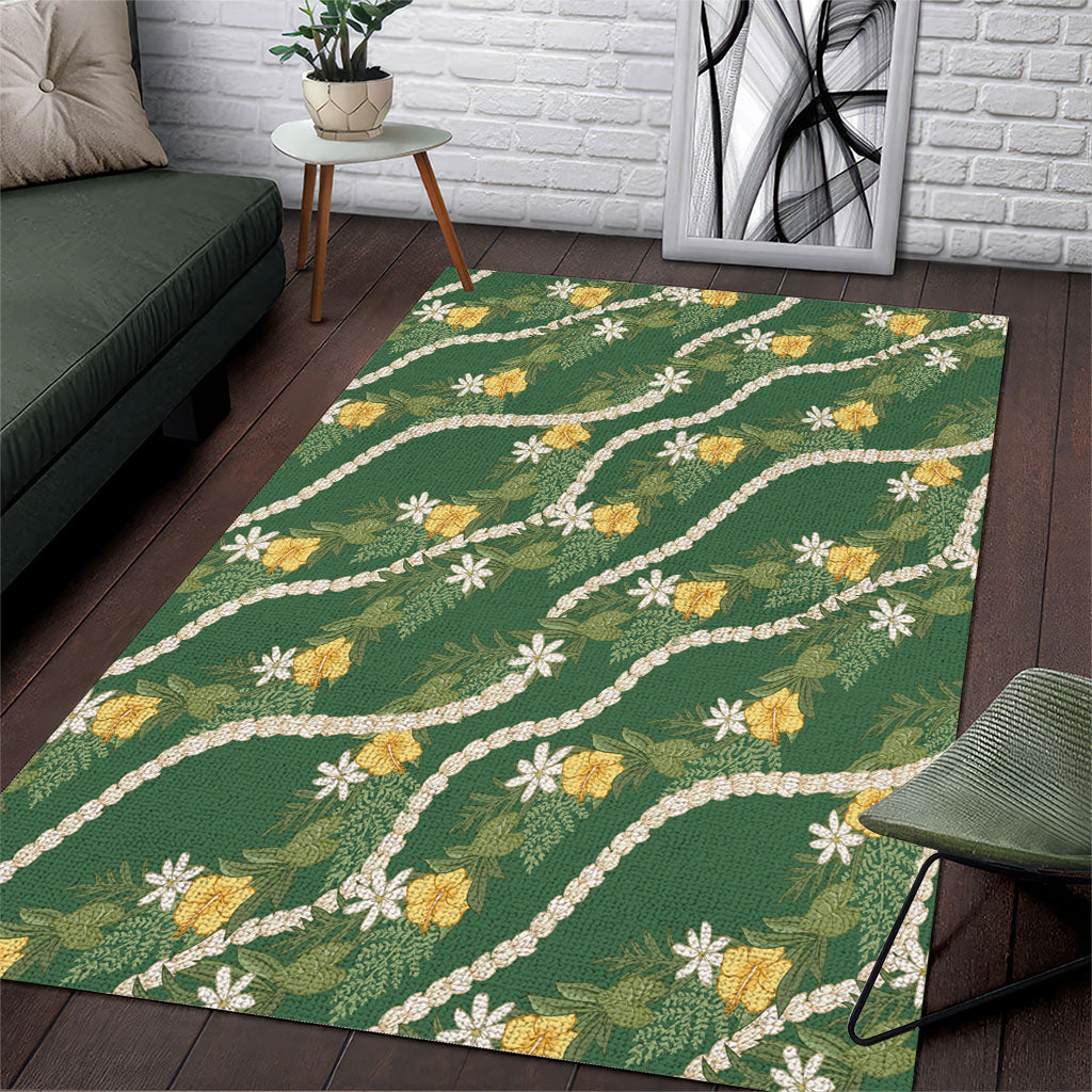 Hawaiian Pikake Maile Lei Area Rug Tiare Hibiscus Kalo Palapalai Leaf Green