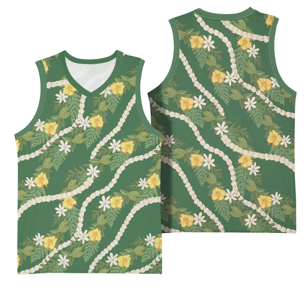 Hawaiian Pikake Maile Lei Basketball Jersey Tiare Hibiscus Kalo Palapalai Leaf Green