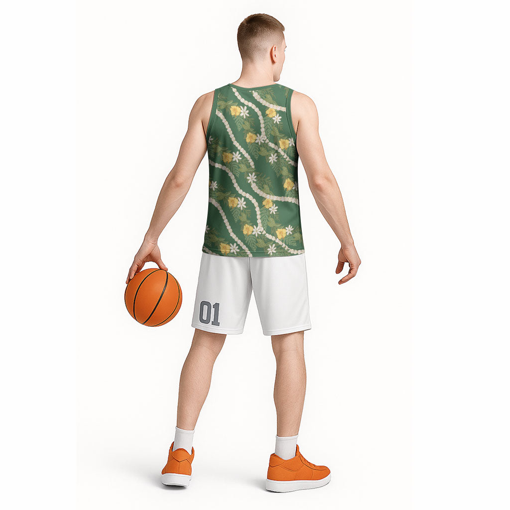 Hawaiian Pikake Maile Lei Basketball Jersey Tiare Hibiscus Kalo Palapalai Leaf Green